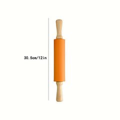 Silicone Rolling Pin Non Stick with Wooden Handle for Dough and Baking