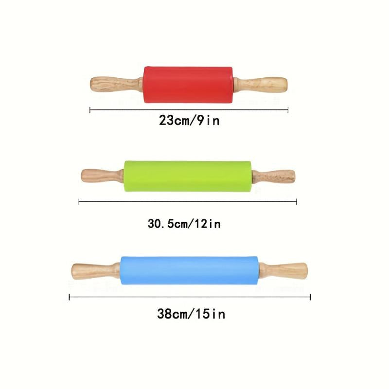 Silicone Rolling Pin Non Stick with Wooden Handle for Dough and Baking