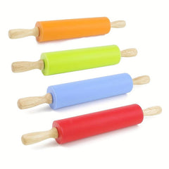 Silicone Rolling Pin Non Stick with Wooden Handle for Dough and Baking