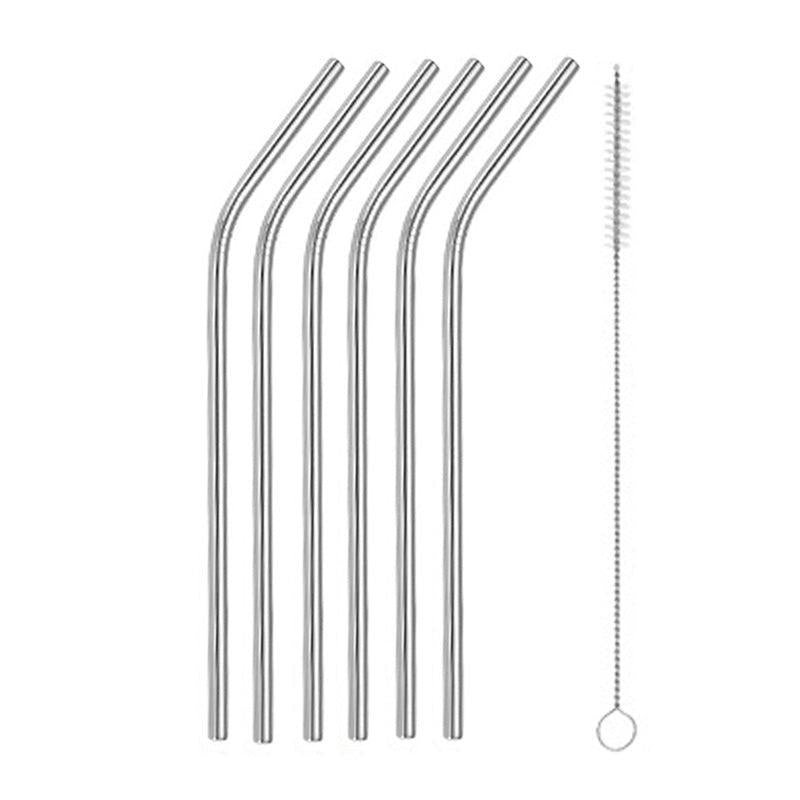 6pcs Curved Tube 1pc Brush Titanium Plated Stainless Steel Straw Set