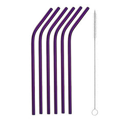 6pcs Curved Tube 1pc Brush Titanium Plated Stainless Steel Straw Set