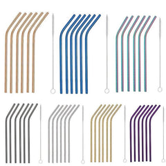 6pcs Curved Tube 1pc Brush Titanium Plated Stainless Steel Straw Set