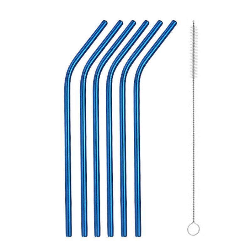 6pcs Curved Tube 1pc Brush Titanium Plated Stainless Steel Straw Set