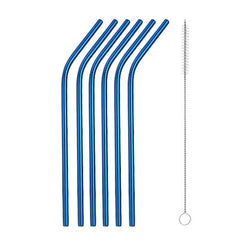 6pcs Curved Tube 1pc Brush Titanium Plated Stainless Steel Straw Set