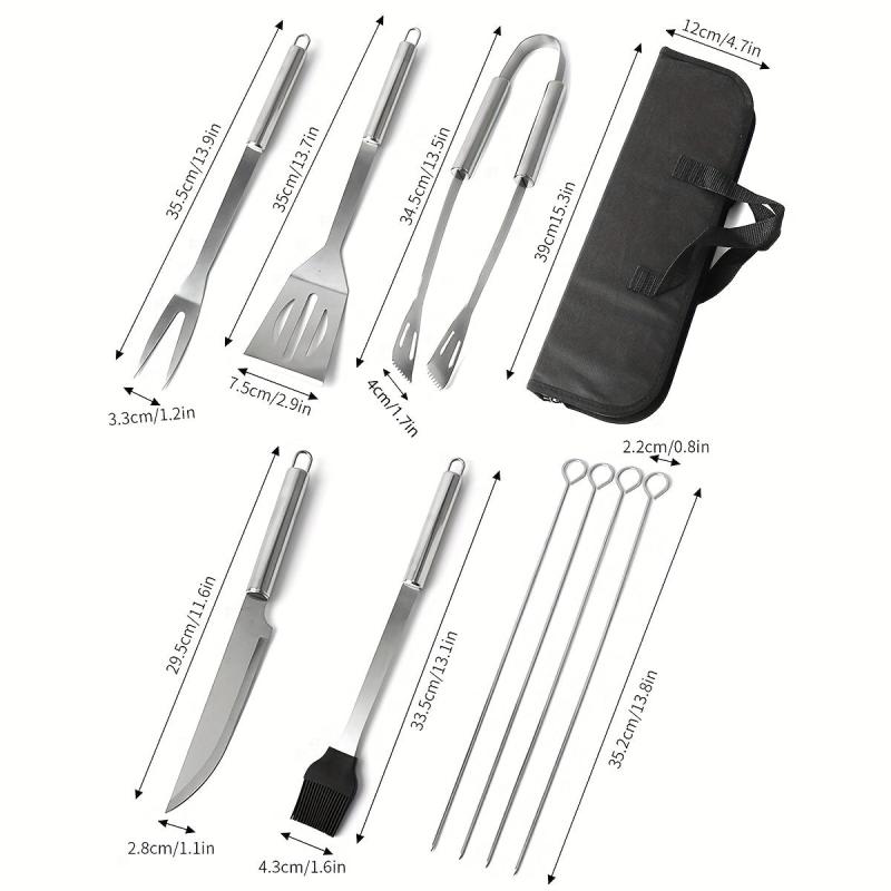 10pcs BBQ Grill Tool Set with Storage Bag, Skewers, Fork, Spatula, Tongs, Brush