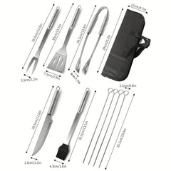 10pcs BBQ Grill Tool Set with Storage Bag, Skewers, Fork, Spatula, Tongs, Brush