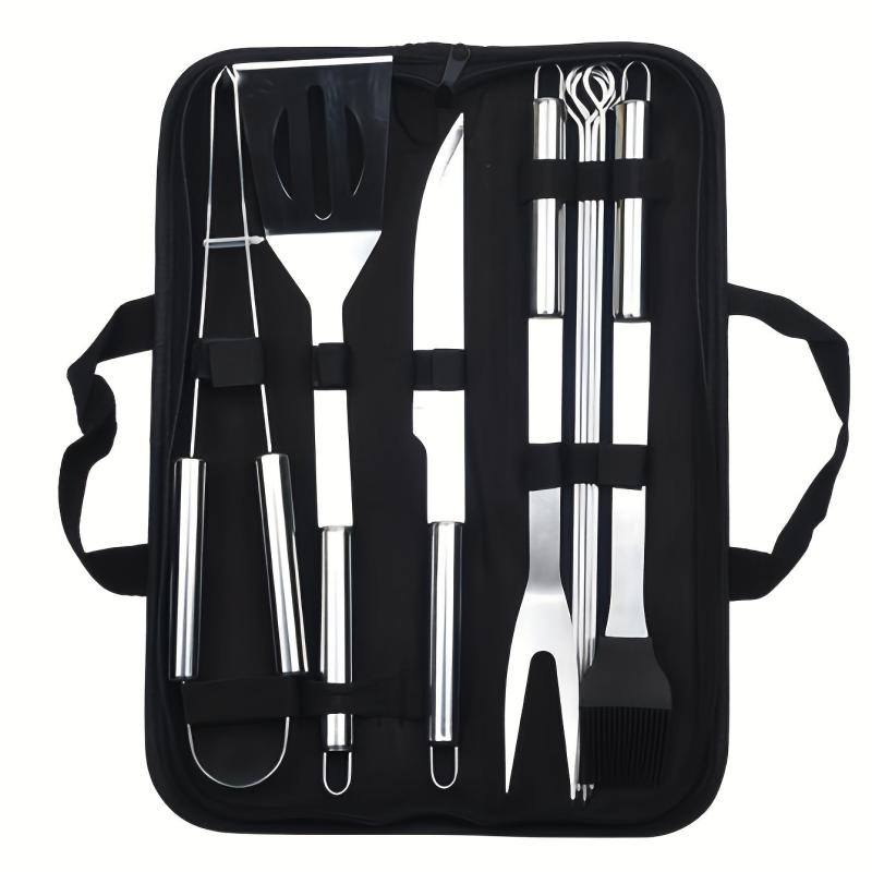 10pcs BBQ Grill Tool Set with Storage Bag, Skewers, Fork, Spatula, Tongs, Brush