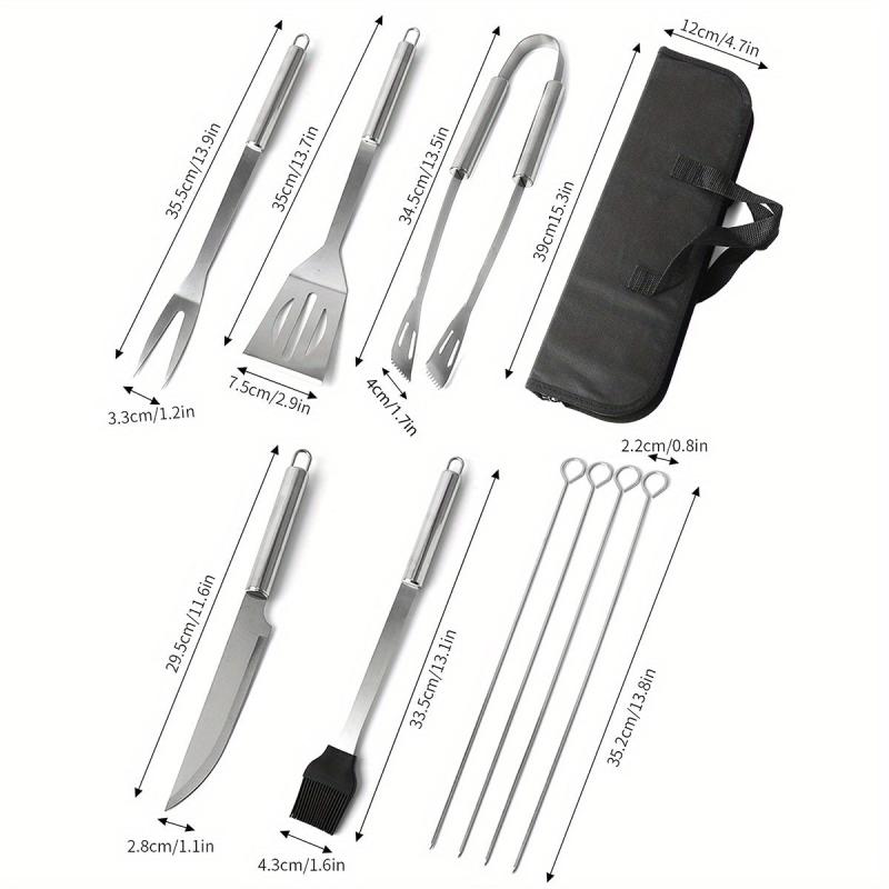 10pcs BBQ Grill Tool Set with Storage Bag, Skewers, Fork, Spatula, Tongs, Brush
