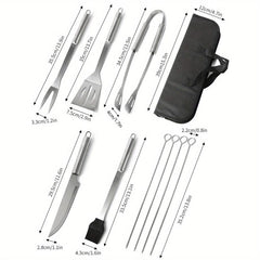 10pcs BBQ Grill Tool Set with Storage Bag, Skewers, Fork, Spatula, Tongs, Brush