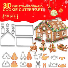 18pcs 3D Gingerbread House Biscuit Mold Set Stainless Steel Christmas Tree Snowm