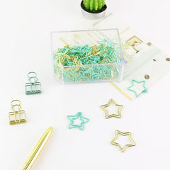 30pcs Pentagram Paper Clips Mint Green Golden Desk Organizer Office Supplies