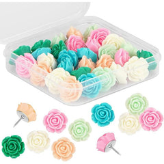 30pcs Decorative Push Pins 6 Colors Flower Pushpins with Case