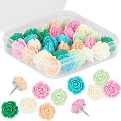 30pcs Decorative Push Pins 6 Colors Flower Pushpins with Case
