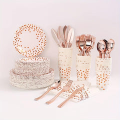 25 Pcs Rose Gold Polka Dot Tableware Set - Disposable Cups, Plates, Tablecloth
