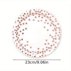 25 Pcs Rose Gold Polka Dot Tableware Set - Disposable Cups, Plates, Tablecloth
