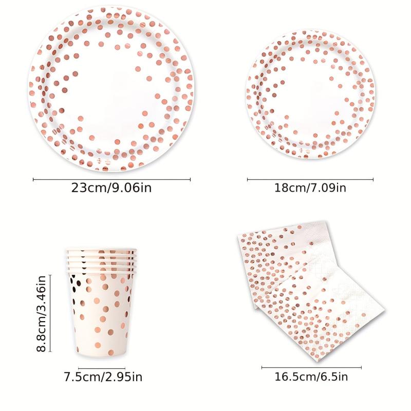 25 Pcs Rose Gold Polka Dot Tableware Set - Disposable Cups, Plates, Tablecloth
