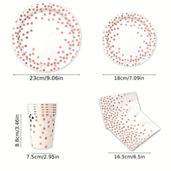 25 Pcs Rose Gold Polka Dot Tableware Set - Disposable Cups, Plates, Tablecloth