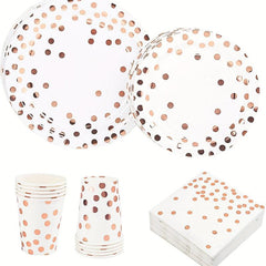 25 Pcs Rose Gold Polka Dot Tableware Set - Disposable Cups, Plates, Tablecloth