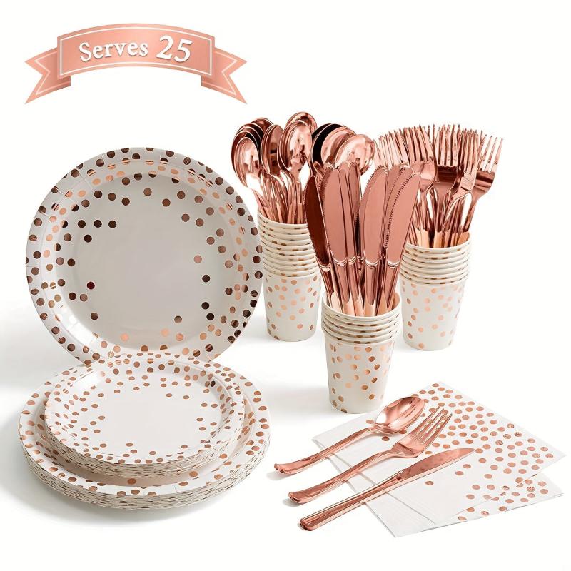 25 Pcs Rose Gold Polka Dot Tableware Set - Disposable Cups, Plates, Tablecloth