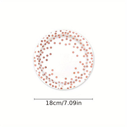 25 Pcs Rose Gold Polka Dot Tableware Set - Disposable Cups, Plates, Tablecloth
