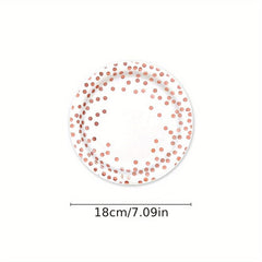 25 Pcs Rose Gold Polka Dot Tableware Set - Disposable Cups, Plates, Tablecloth