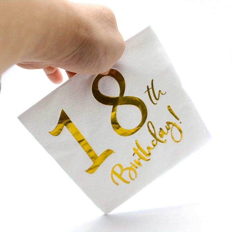 20pcs 18th Birthday Golden Beverage Cake Napkins Disposable Party Supplies