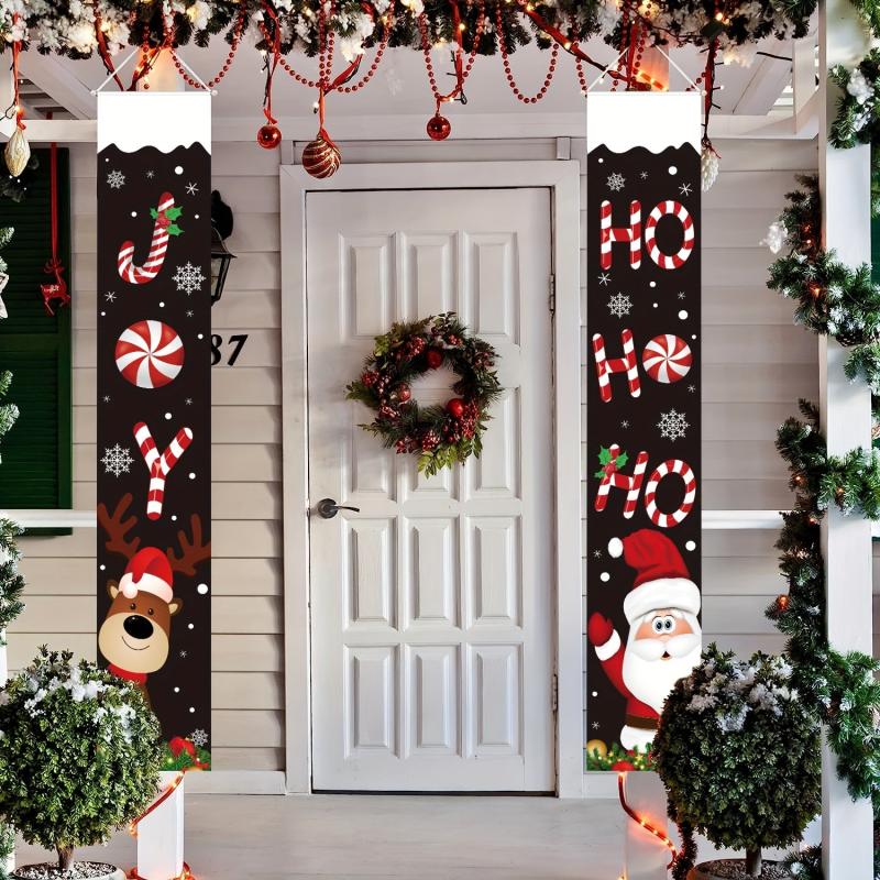 Christmas Porch Sign Banner Hanging With Santa Claus Deer Outdoor Xmas Banner