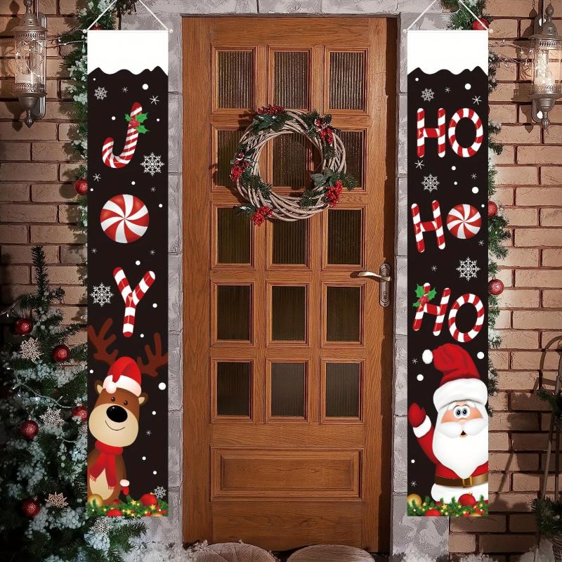 Christmas Porch Sign Banner Hanging With Santa Claus Deer Outdoor Xmas Banner