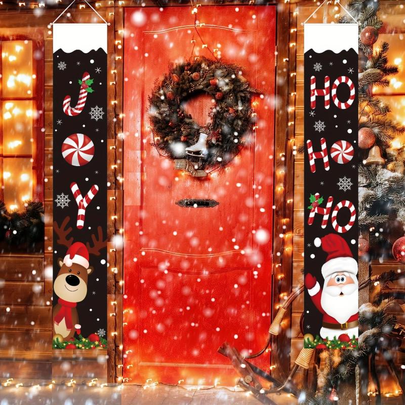 Christmas Porch Sign Banner Hanging With Santa Claus Deer Outdoor Xmas Banner