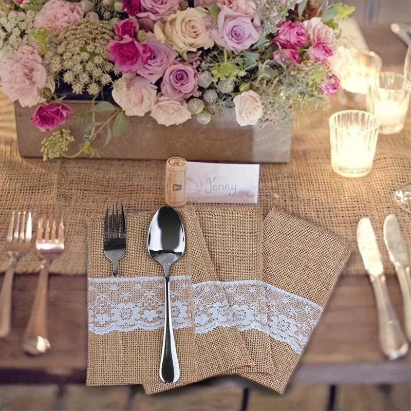 Rustic Burlap Lace Utensil Holder for Weddings and Parties