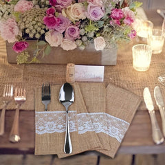 Rustic Burlap Lace Utensil Holder for Weddings and Parties