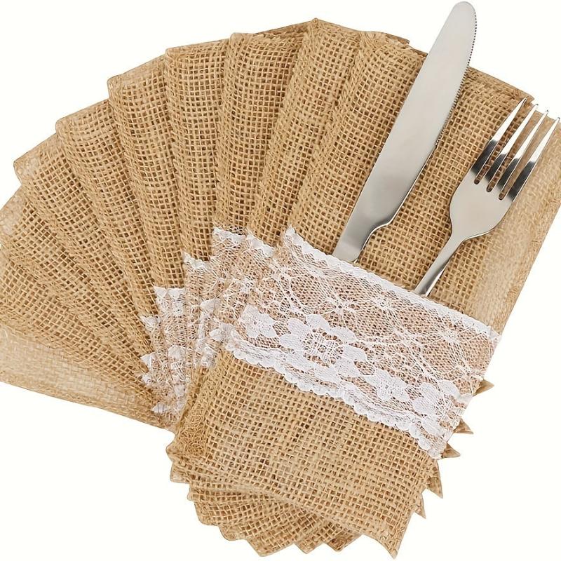 Rustic Burlap Lace Utensil Holder for Weddings and Parties