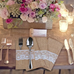 Rustic Burlap Lace Utensil Holder for Weddings and Parties