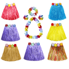 5pcs Purple Hawaiian Hula Dancer Costume Set Elastic Grass Skirt with Flower