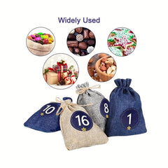 24 Sets Christmas Advent Calendar Number Stickers Burlap Bag Set