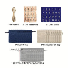 24 Sets Christmas Advent Calendar Number Stickers Burlap Bag Set