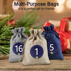 24 Sets Christmas Advent Calendar Number Stickers Burlap Bag Set