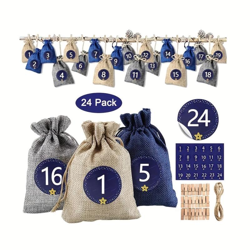24 Sets Christmas Advent Calendar Number Stickers Burlap Bag Set
