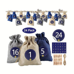 24 Sets Christmas Advent Calendar Number Stickers Burlap Bag Set