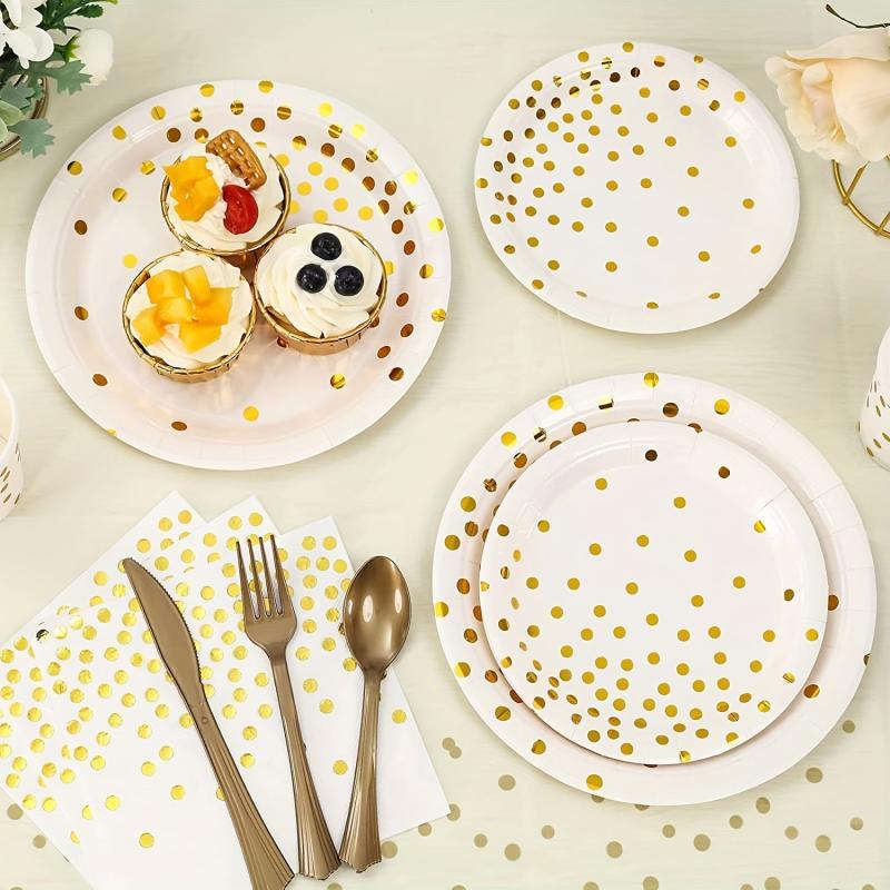 25pcs Platinum Polka Dot Party Paper Plates And Cutlery Bundle