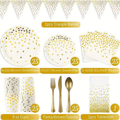 25pcs Platinum Polka Dot Party Paper Plates And Cutlery Bundle