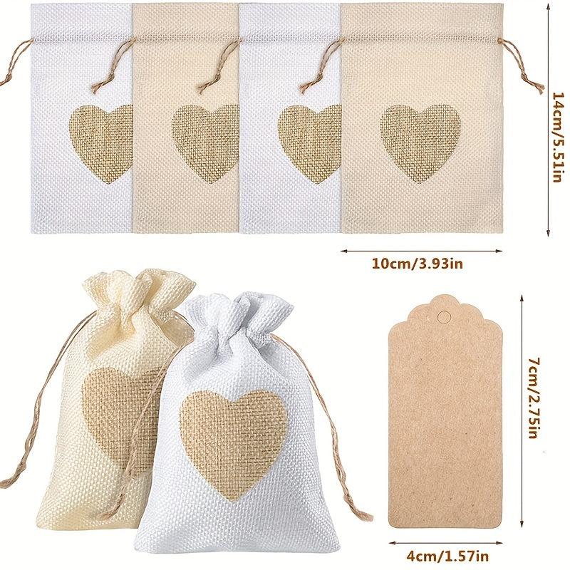 21pcs Heart Burlap Bag With Thank You Tag Drawstring Gift Bags