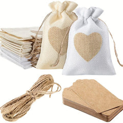 21pcs Heart Burlap Bag With Thank You Tag Drawstring Gift Bags