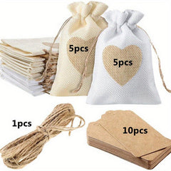21pcs Heart Burlap Bag With Thank You Tag Drawstring Gift Bags