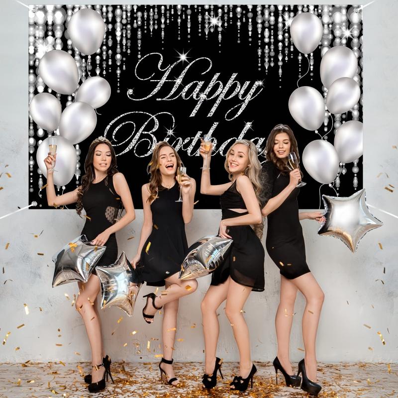 Large Glittery Birthday Backdrop Banner with Fireworks and Balloons