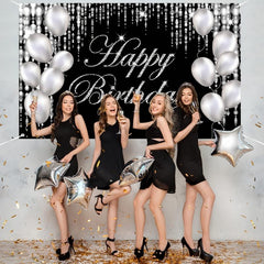 Large Glittery Birthday Backdrop Banner with Fireworks and Balloons