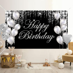 Large Glittery Birthday Backdrop Banner with Fireworks and Balloons