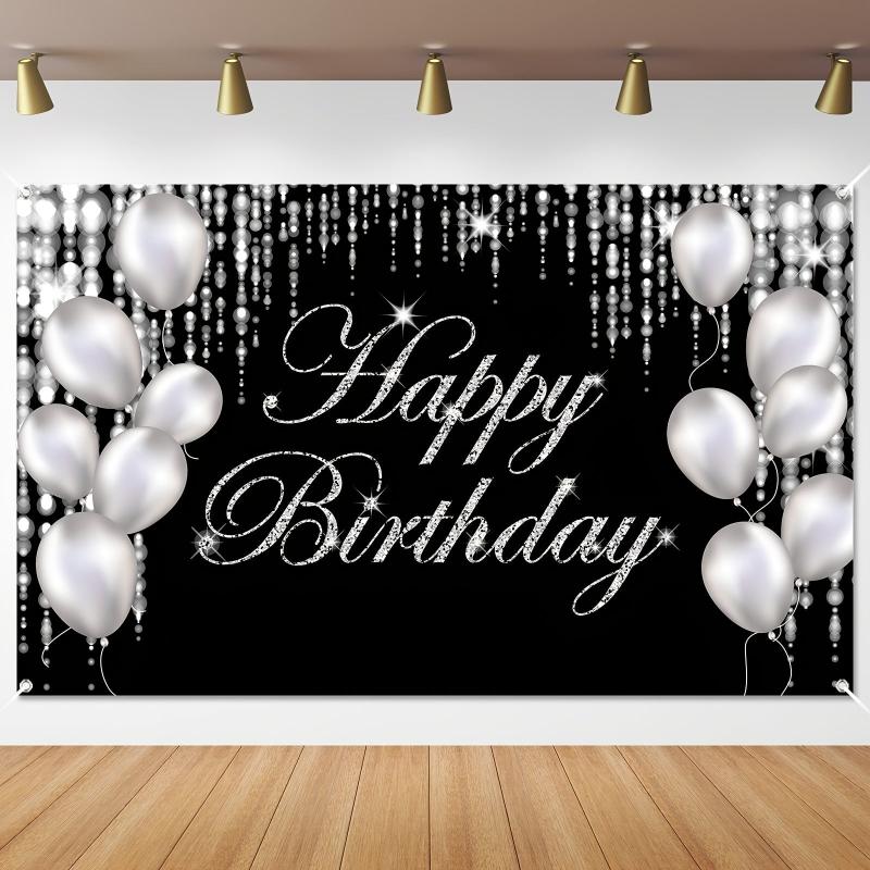Large Glittery Birthday Backdrop Banner with Fireworks and Balloons