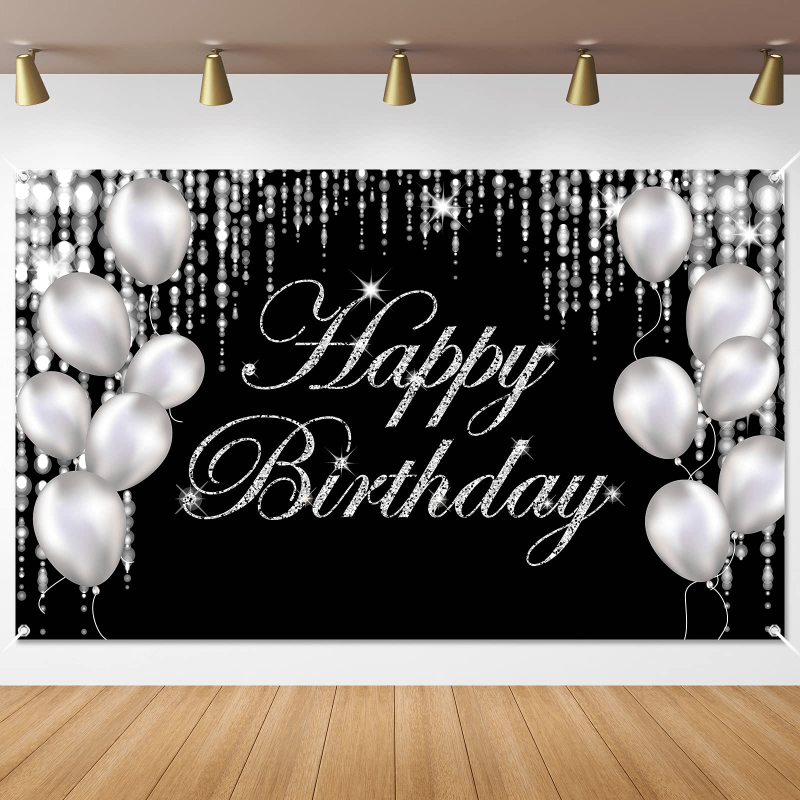 Large Glittery Birthday Backdrop Banner with Fireworks and Balloons
