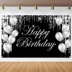 Large Glittery Birthday Backdrop Banner with Fireworks and Balloons